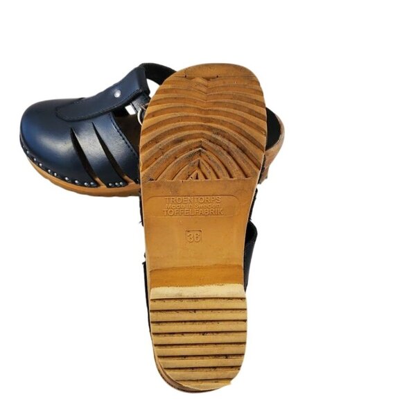 Troentorp Swedish Leather Clogs Navy Cut-Out Wood Sole Sandals Size 36 - Picture 9 of 11
